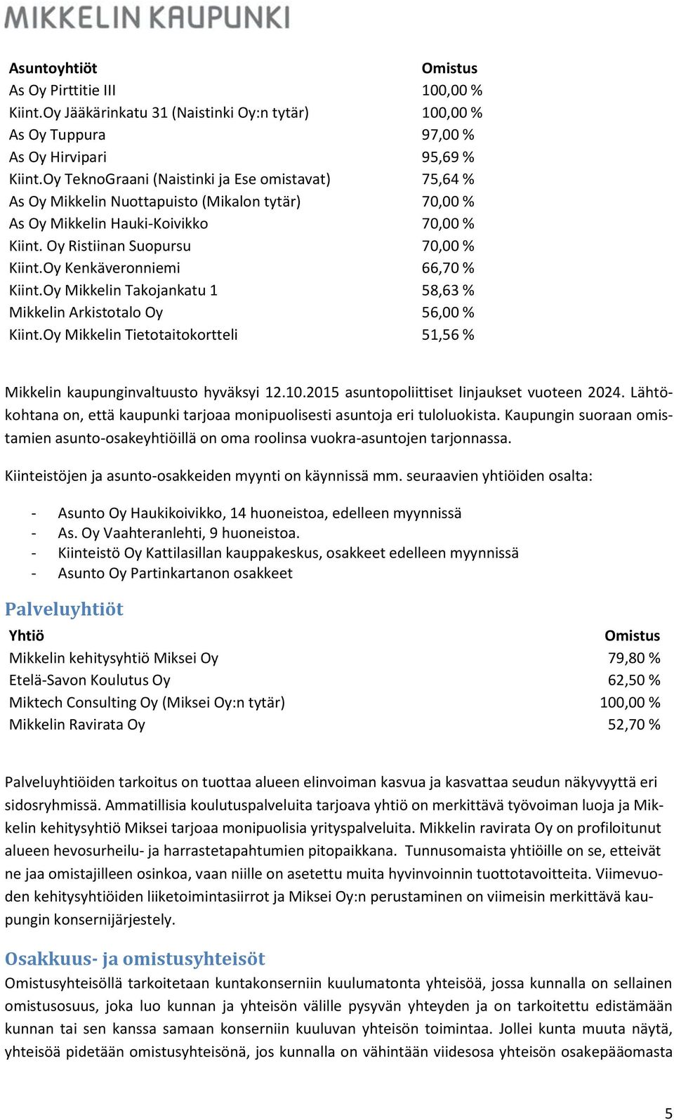 Oy Kenkäveronniemi 66,70 % Kiint.Oy Mikkelin Takojankatu 1 58,63 % Mikkelin Arkistotalo Oy 56,00 % Kiint.Oy Mikkelin Tietotaitokortteli 51,56 % Mikkelin kaupunginvaltuusto hyväksyi 12.10.