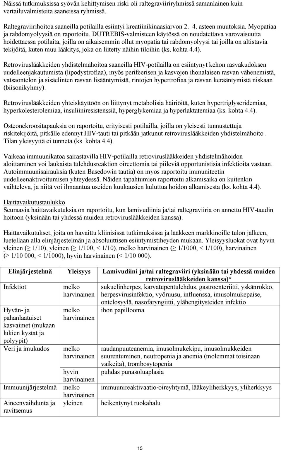 DUTREBIS-valmisteen käytössä on noudatettava varovaisuutta hoidettaessa potilaita, joilla on aikaisemmin ollut myopatia tai rabdomyolyysi tai joilla on altistavia tekijöitä, kuten muu lääkitys, joka