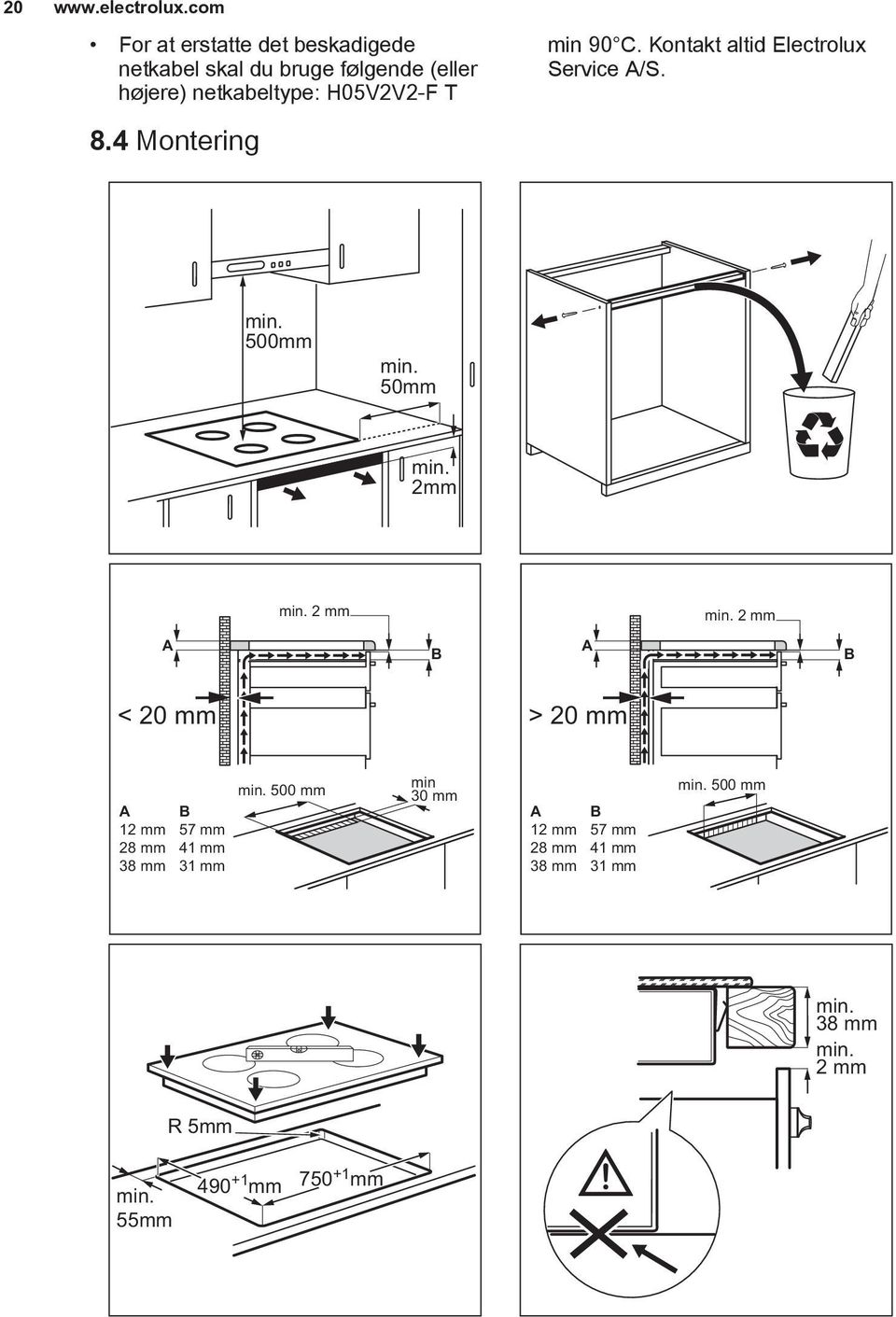 T 8.4 Montering min 90 C. Kontakt altid Electrolux Service A/S. min. 500mm min. 50mm min. 2mm min. 2 mm min.