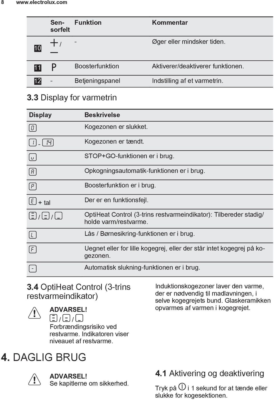 + tal / / Der er en funktionsfejl. OptiHeat Control (3-trins restvarmeindikator): Tilbereder stadig/ holde varm/restvarme. Lås / Børnesikring-funktionen er i brug.