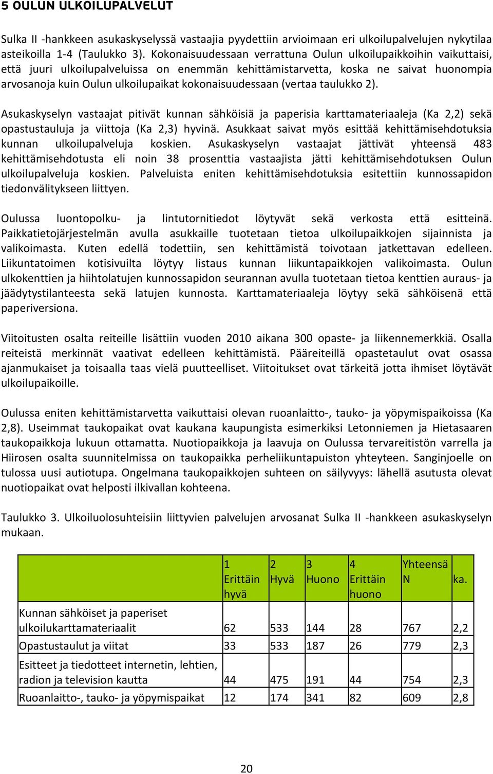 kokonaisuudessaan (vertaa taulukko 2). Asukaskyselyn vastaajat pitivät kunnan sähköisiä ja paperisia karttamateriaaleja (Ka 2,2) sekä opastustauluja ja viittoja (Ka 2,3) hyvinä.