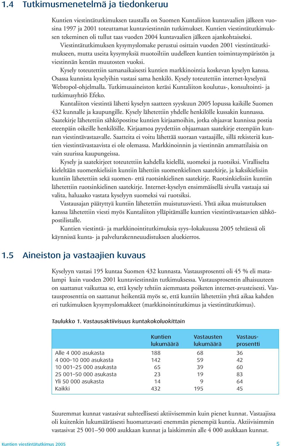 Viestintätutkimuksen kysymyslomake perustui osittain vuoden 2001 viestintätutkimukseen, mutta useita kysymyksiä muotoiltiin uudelleen kuntien toimintaympäristön ja viestinnän kentän muutosten vuoksi.