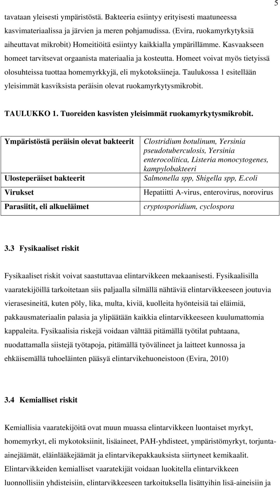 Homeet voivat myös tietyissä olosuhteissa tuottaa homemyrkkyjä, eli mykotoksiineja. Taulukossa 1 esitellään yleisimmät kasviksista peräisin olevat ruokamyrkytysmikrobit. 5 TAULUKKO 1.