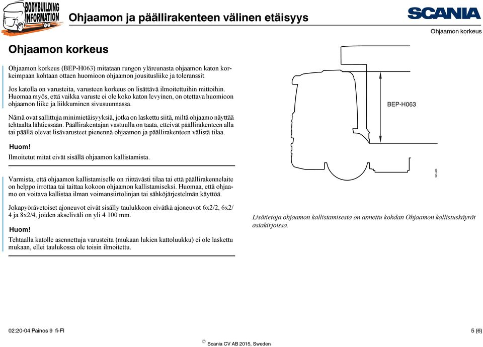 Huomaa myös, että vaikka varuste ei ole koko katon levyinen, on otettava huomioon ohjaamon liike ja liikkuminen sivusuunnassa.