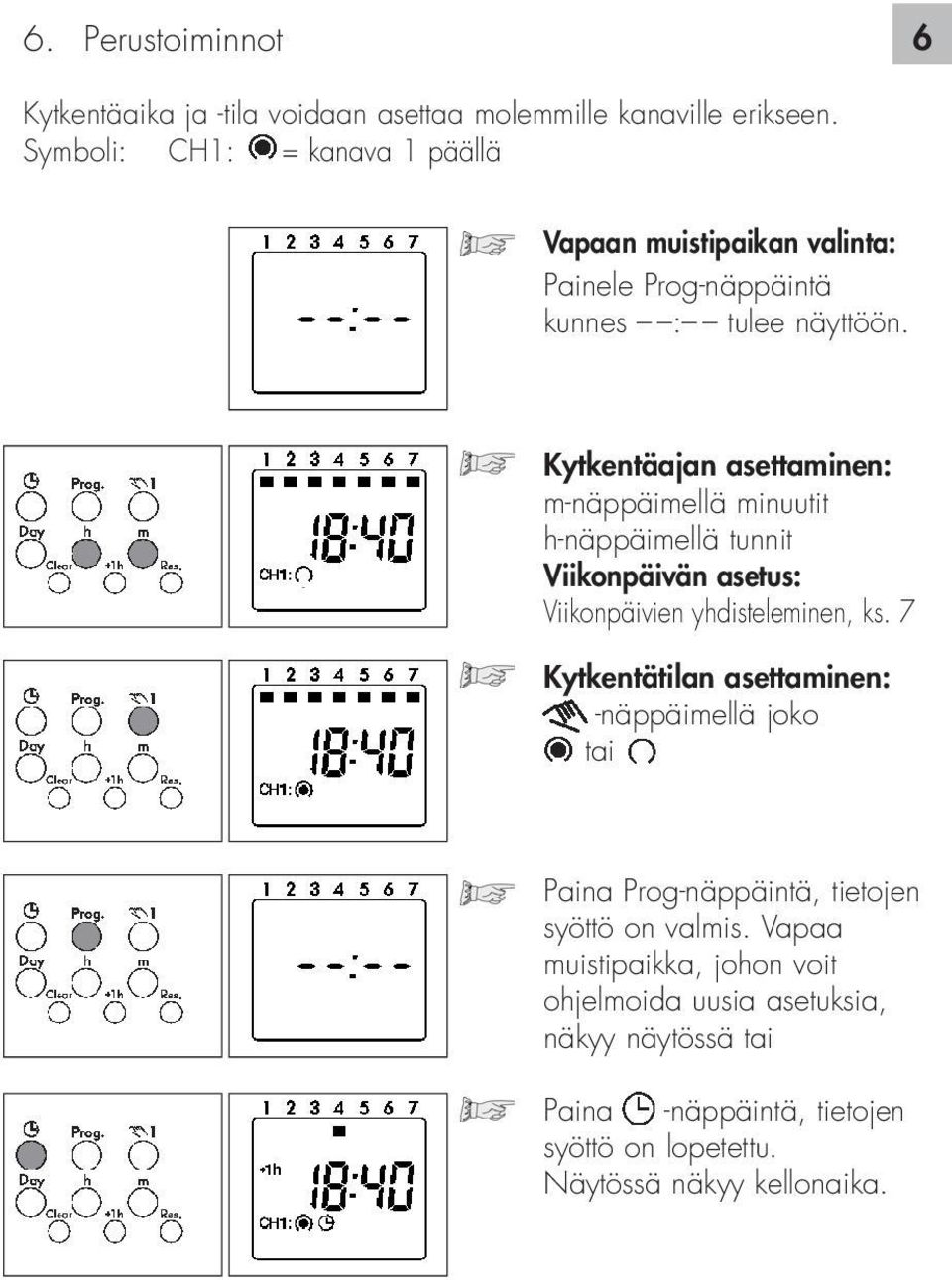 Kytkentäajan asettaminen: m-näppäimellä minuutit h-näppäimellä tunnit Viikonpäivän asetus: Viikonpäivien yhdisteleminen, ks.