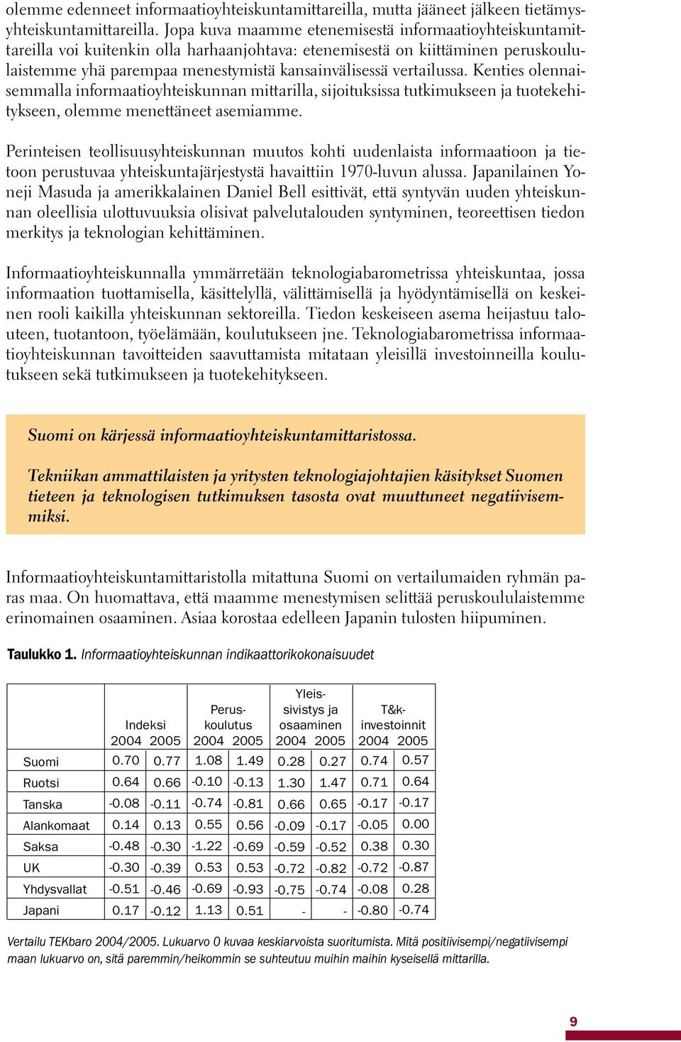 vertailussa. Kenties olennaisemmalla informaatioyhteiskunnan mittarilla, sijoituksissa tutkimukseen ja tuotekehitykseen, olemme menettäneet asemiamme.