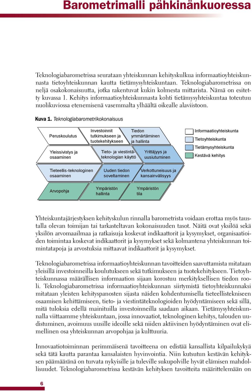 Kehitys informaatioyhteiskunnasta kohti tietämysyhteiskuntaa toteutuu nuolikuviossa etenemisenä vasemmalta ylhäältä oikealle alaviistoon. Kuva 1.