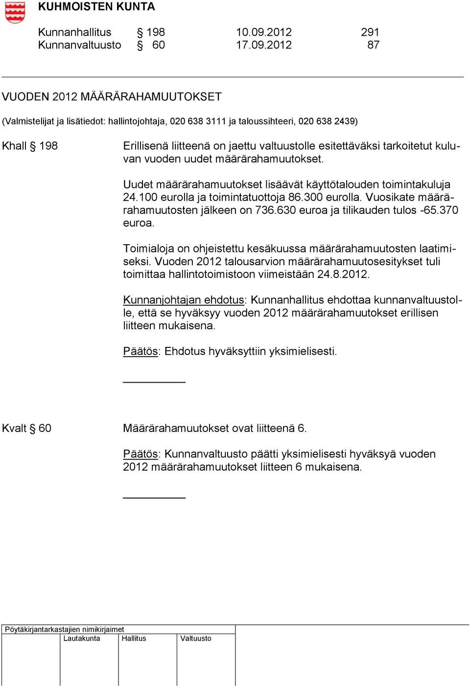 2012 87 VUODEN 2012 MÄÄRÄRAHAMUUTOKSET (Valmistelijat ja lisätiedot: hallintojohtaja, 020 638 3111 ja taloussihteeri, 020 638 2439) Khall 198 Erillisenä liitteenä on jaettu valtuustolle esitettäväksi