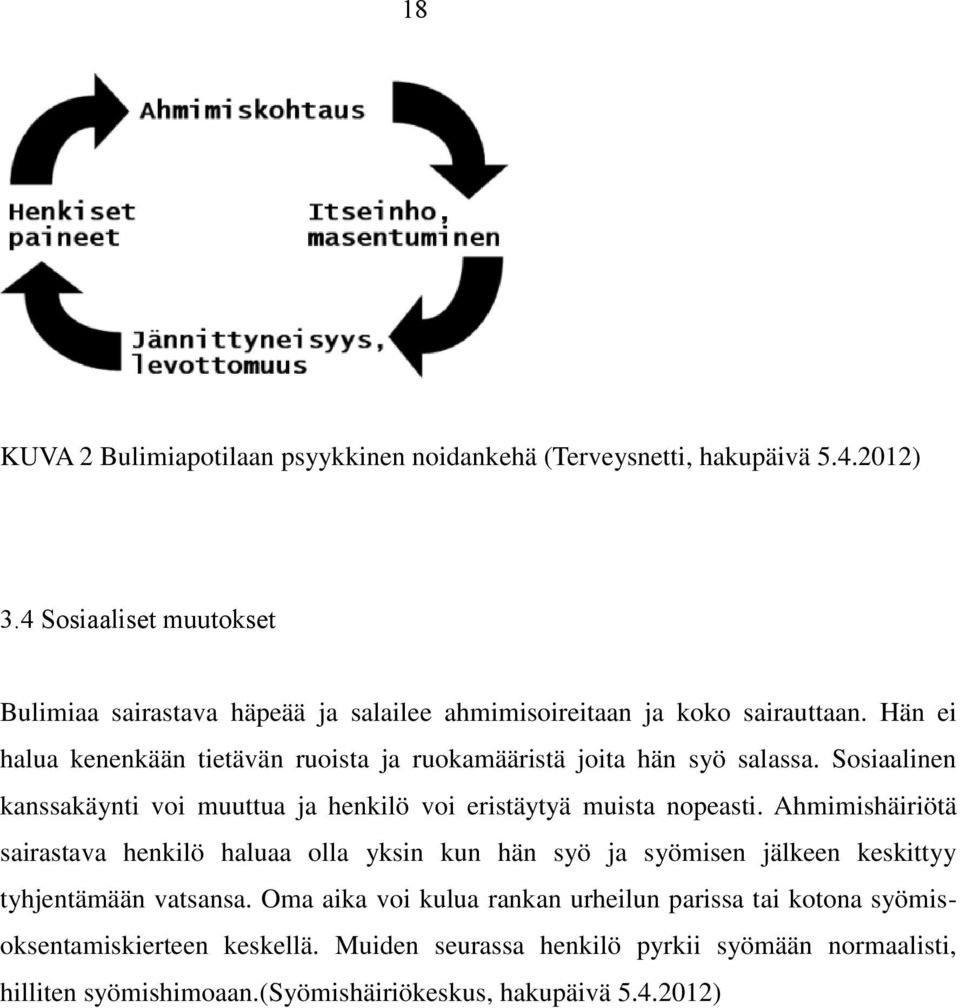 Hän ei halua kenenkään tietävän ruoista ja ruokamääristä joita hän syö salassa. Sosiaalinen kanssakäynti voi muuttua ja henkilö voi eristäytyä muista nopeasti.