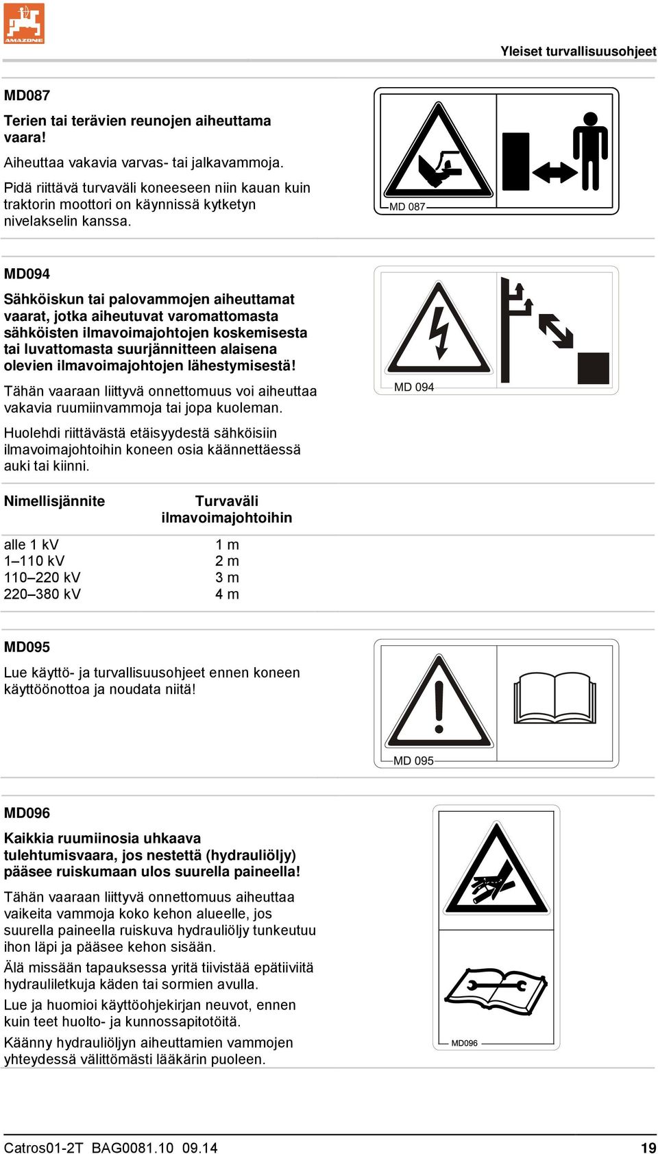 MD094 Sähköiskun tai palovammojen aiheuttamat vaarat, jotka aiheutuvat varomattomasta sähköisten ilmavoimajohtojen koskemisesta tai luvattomasta suurjännitteen alaisena olevien ilmavoimajohtojen