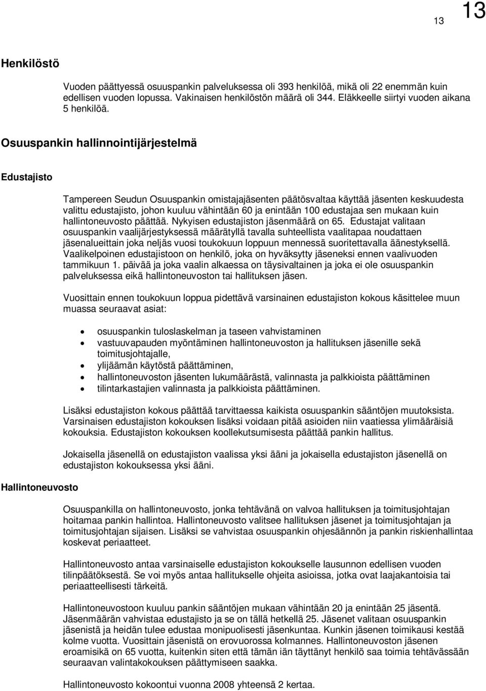 Osuuspankin hallinnointijärjestelmä Edustajisto Hallintoneuvosto Tampereen Seudun Osuuspankin omistajajäsenten päätösvaltaa käyttää jäsenten keskuudesta valittu edustajisto, johon kuuluu vähintään 60