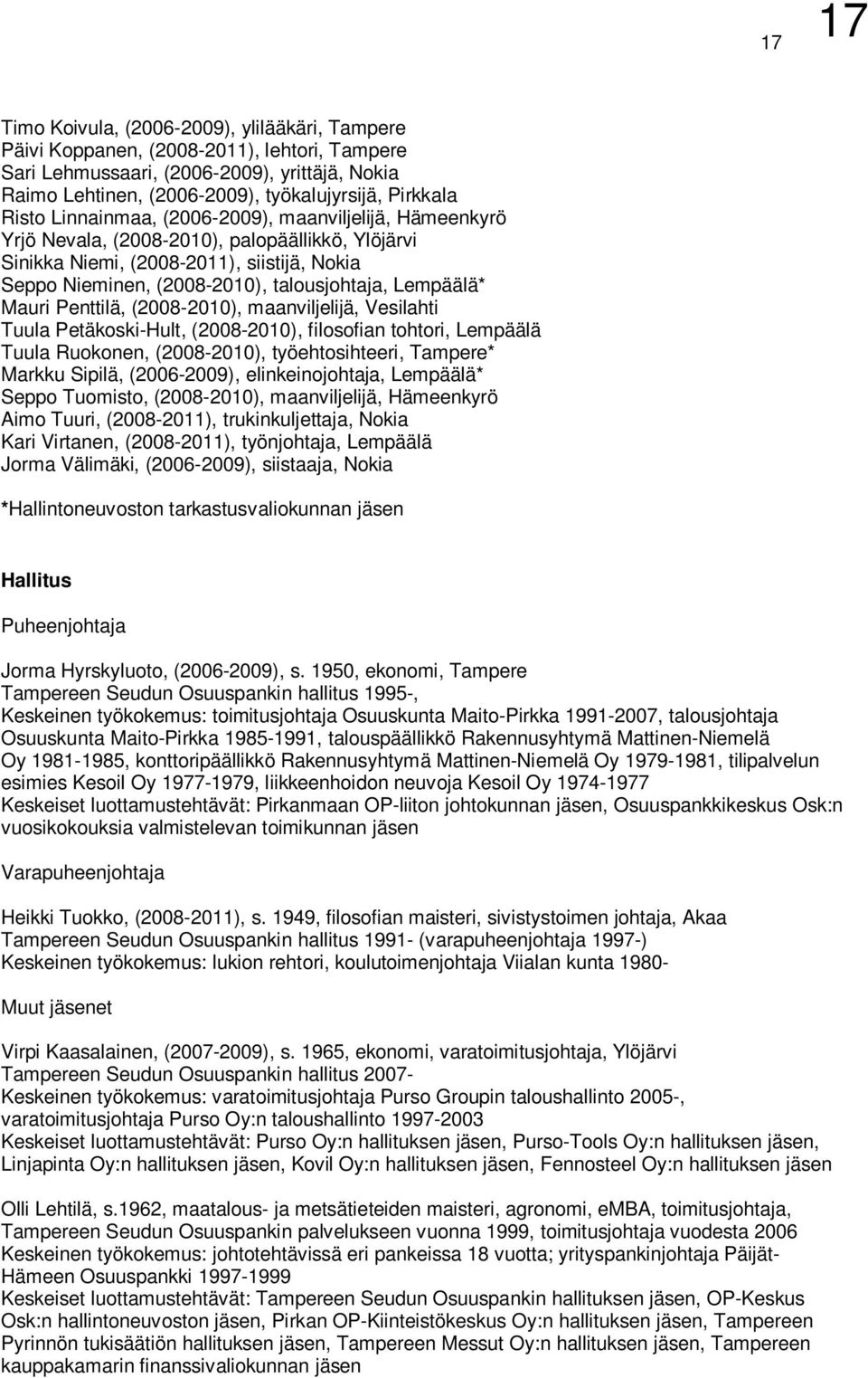 Lempäälä* Mauri Penttilä, (2008-2010), maanviljelijä, Vesilahti Tuula Petäkoski-Hult, (2008-2010), filosofian tohtori, Lempäälä Tuula Ruokonen, (2008-2010), työehtosihteeri, Tampere* Markku Sipilä,