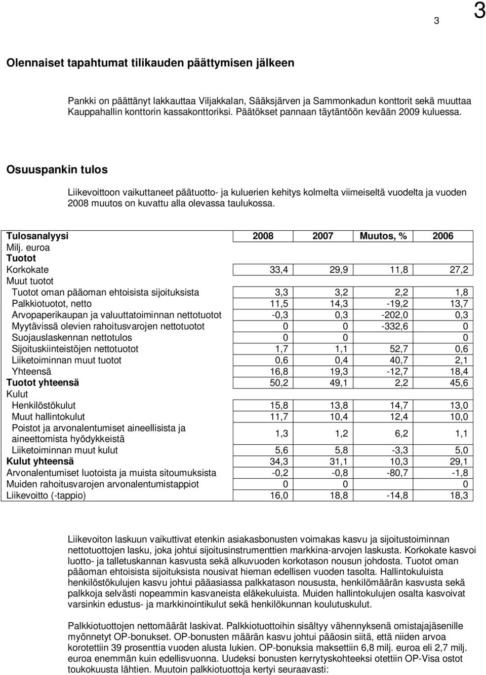 Osuuspankin tulos Liikevoittoon vaikuttaneet päätuotto- ja kuluerien kehitys kolmelta viimeiseltä vuodelta ja vuoden 2008 muutos on kuvattu alla olevassa taulukossa.