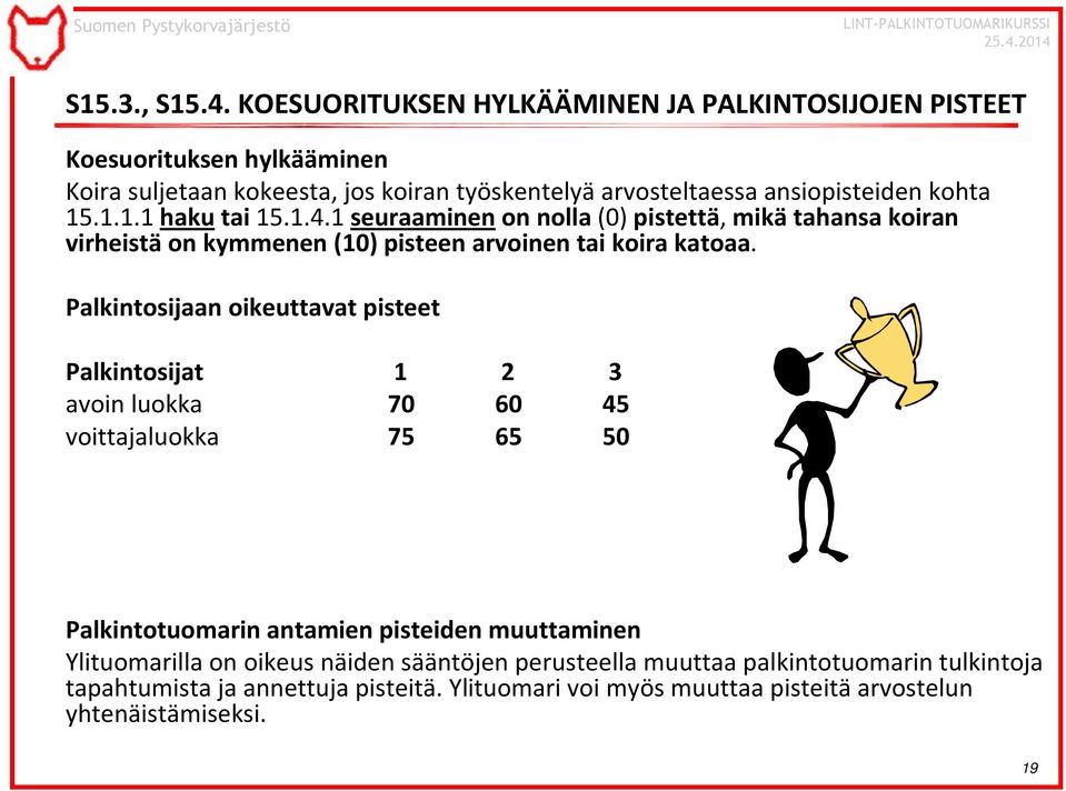 15.1.1.1 hakutai15.1.4.1 seuraaminenon nolla(0) pistettä, mikätahansa koiran virheistä on kymmenen (10) pisteen arvoinen tai koira katoaa.