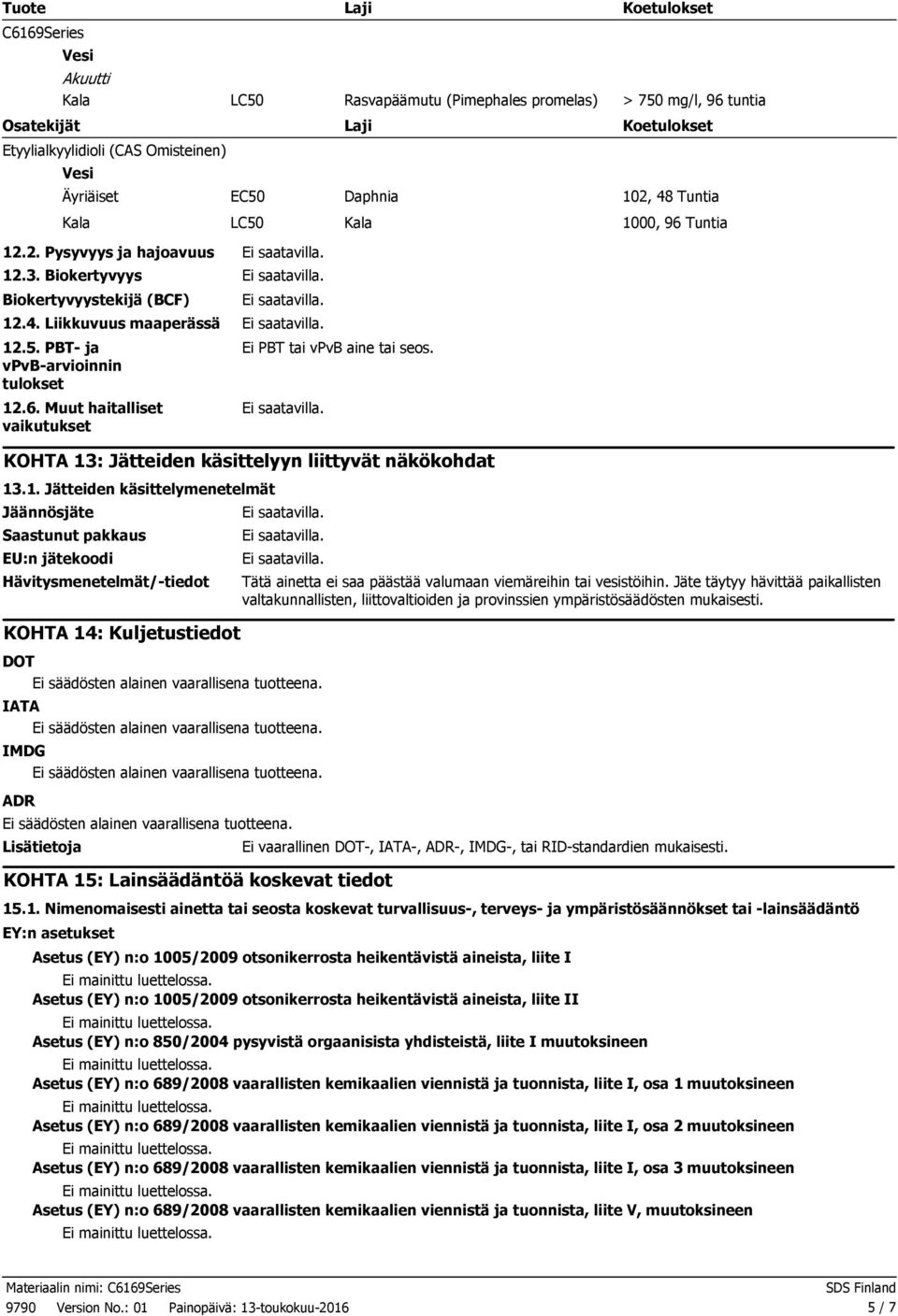 KOHTA 13: Jätteiden käsittelyyn liittyvät näkökohdat 13.1. Jätteiden käsittelymenetelmät Jäännösjäte Saastunut pakkaus EU:n jätekoodi Hävitysmenetelmät/tiedot KOHTA 14: Kuljetustiedot DOT Ei säädösten alainen vaarallisena tuotteena.