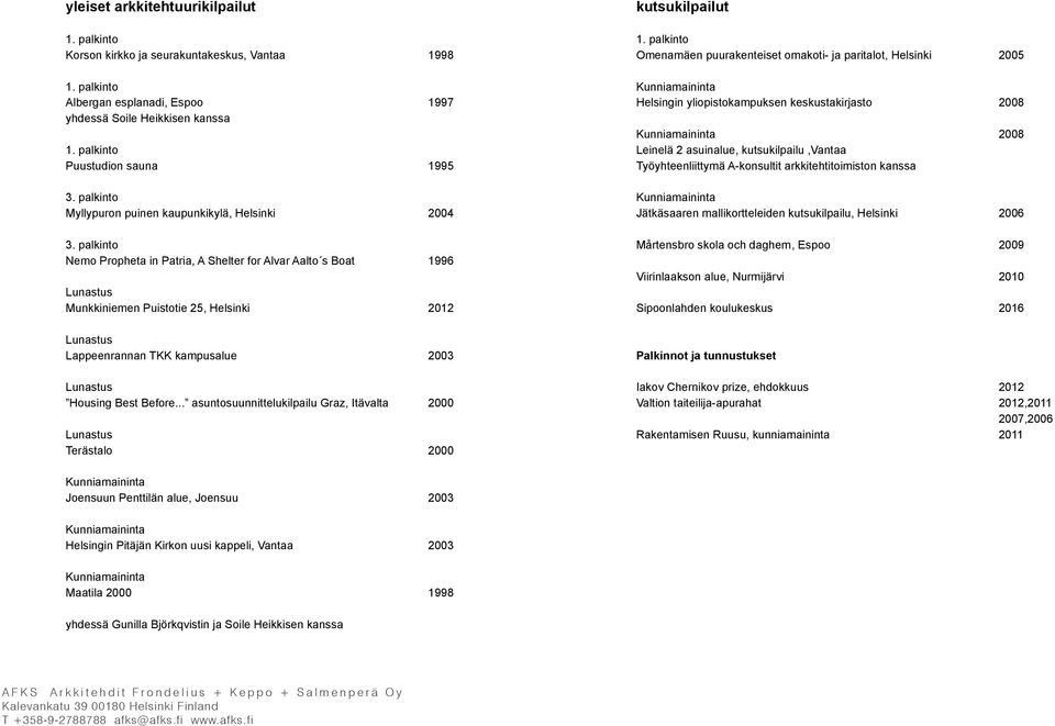palkinto Nemo Propheta in Patria, A Shelter for Alvar Aalto s Boat 1996 Lunastus Munkkiniemen Puistotie 25, Helsinki 2012 Lunastus Lappeenrannan TKK kampusalue 2003 Lunastus Housing Best Before.