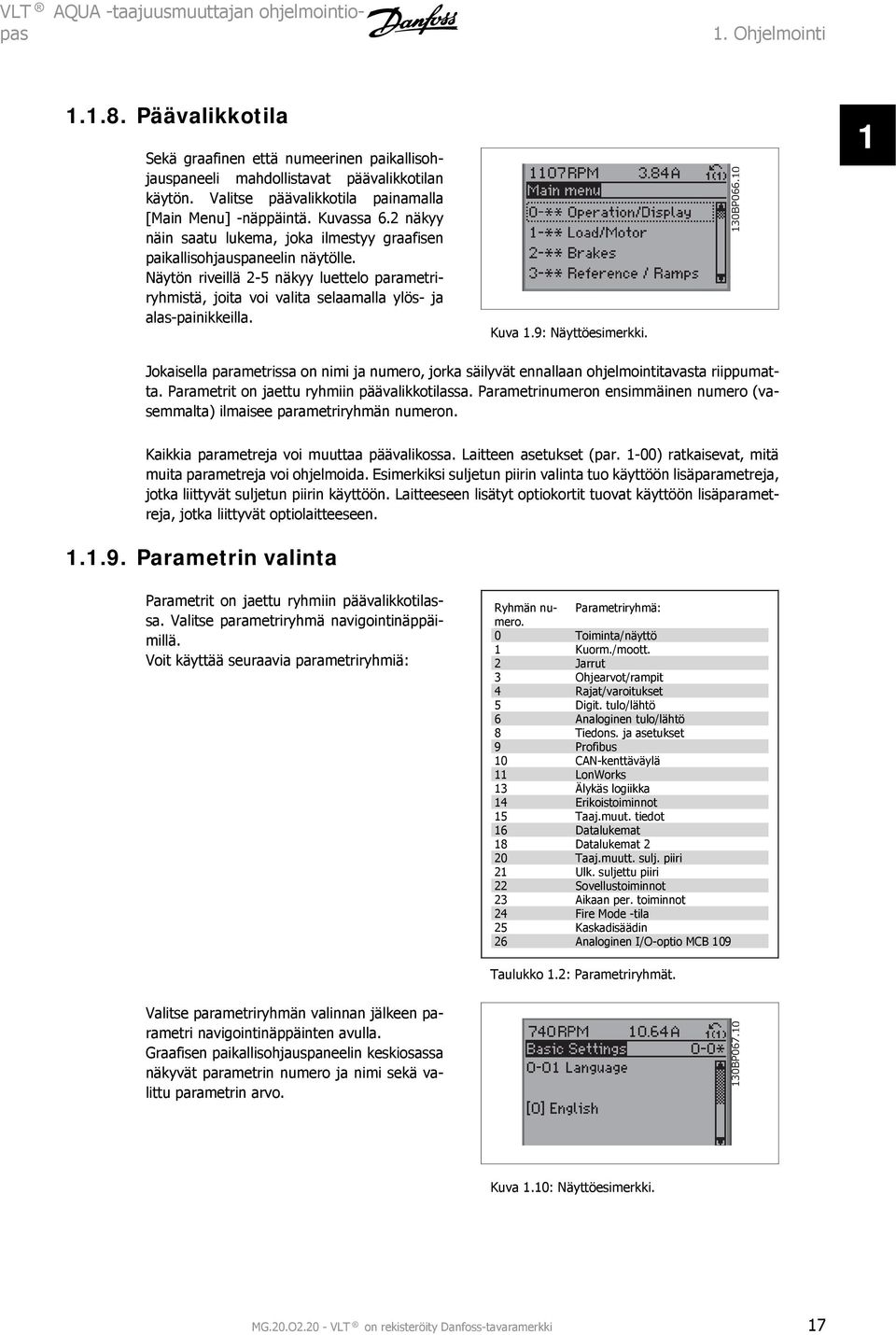 Näytön riveillä -5 näkyy luettelo parametriryhmistä, joita voi valita selaamalla ylös- ja alas-painikkeilla. Kuva 1.9: Näyttöesimerkki. 130BP066.