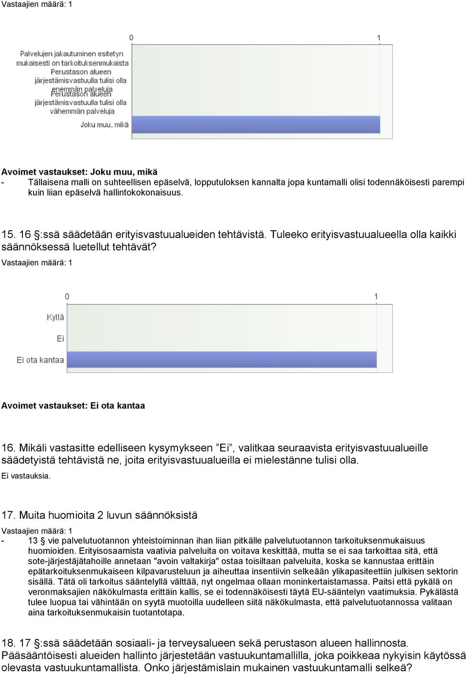 Mikäli vastasitte edelliseen kysymykseen Ei, valitkaa seuraavista erityisvastuualueille säädetyistä tehtävistä ne, joita erityisvastuualueilla ei mielestänne tulisi olla. 17.