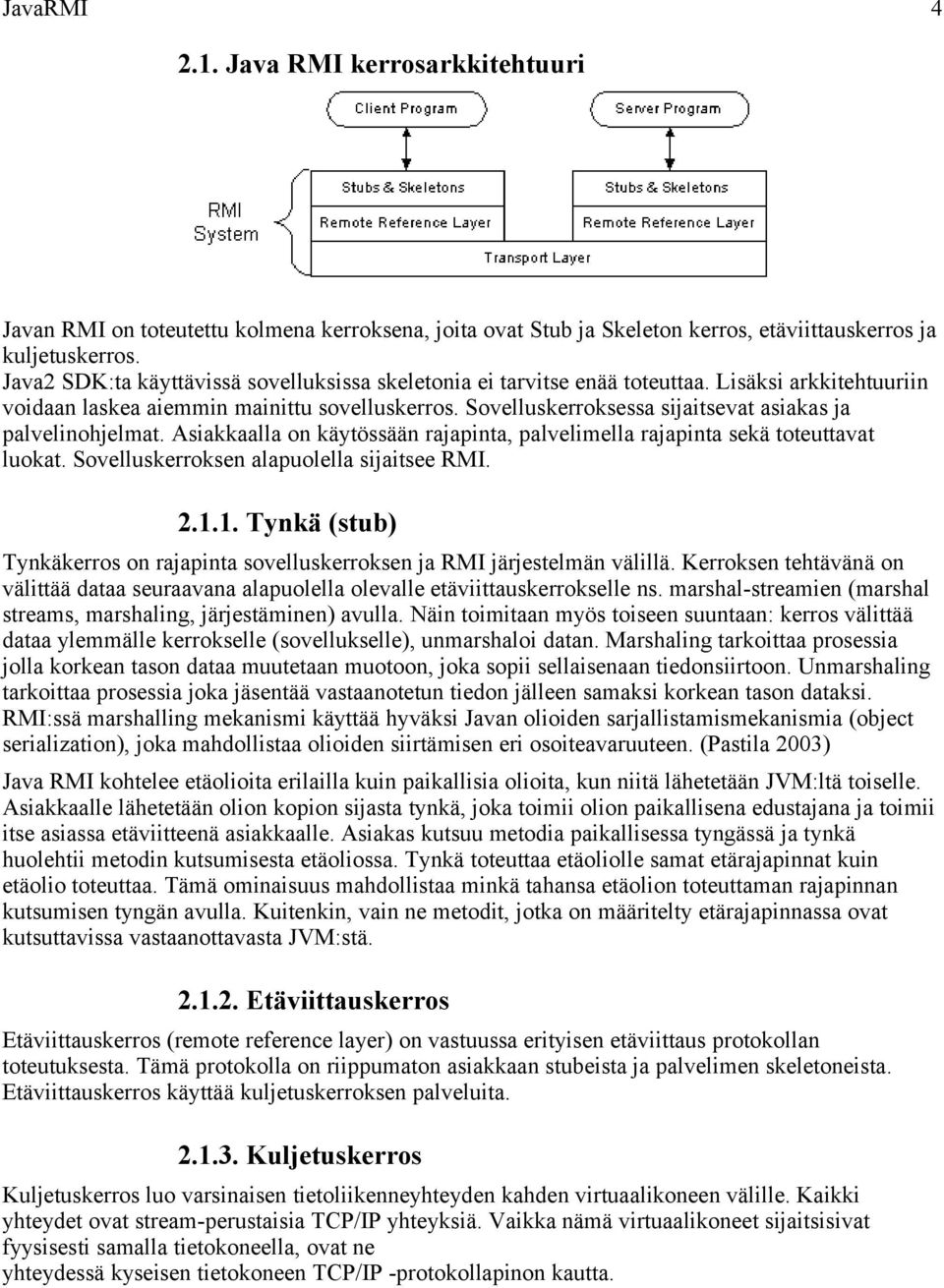 Sovelluskerroksessa sijaitsevat asiakas ja palvelinohjelmat. Asiakkaalla on käytössään rajapinta, palvelimella rajapinta sekä toteuttavat luokat. Sovelluskerroksen alapuolella sijaitsee RMI. 2.1.