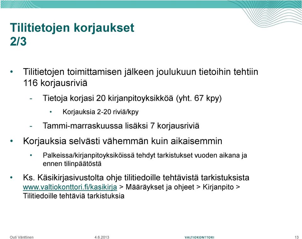 67 kpy) Korjauksia 2-20 riviä/kpy - Tammi-marraskuussa lisäksi 7 korjausriviä Korjauksia selvästi vähemmän kuin aikaisemmin