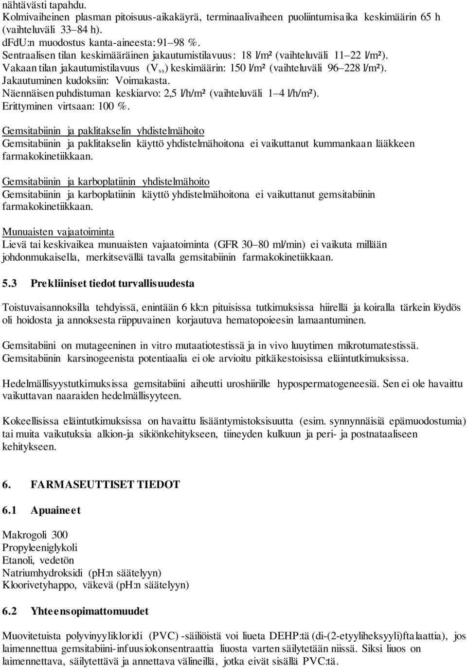 Jakautuminen kudoksiin: Voimakasta. Näennäisen puhdistuman keskiarvo: 2,5 l/h/m² (vaihteluväli 1 4 l/h/m²). Erittyminen virtsaan: 100 %.