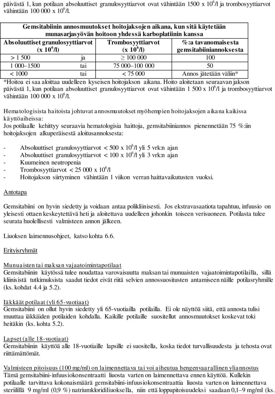 %:a tavanomaisesta gemsitabiiniannoksesta > 1 500 ja 100 000 100 1 000 1500 tai 75 000 100 000 50 < 1000 tai < 75 000 Annos jätetään väliin* *Hoitoa ei saa aloittaa uudelleen kyseisen hoitojakson