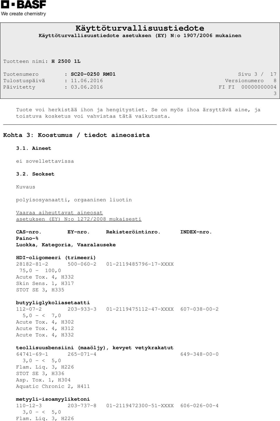 Seokset Kuvaus polyisosyanaatti, orgaaninen liuotin Vaaraa aiheuttavat aineosat asetuksen (EY) N:o 1272/2008 mukaisesti CAS-nro. EY-nro. Rekisteröintinro. INDEX-nro.