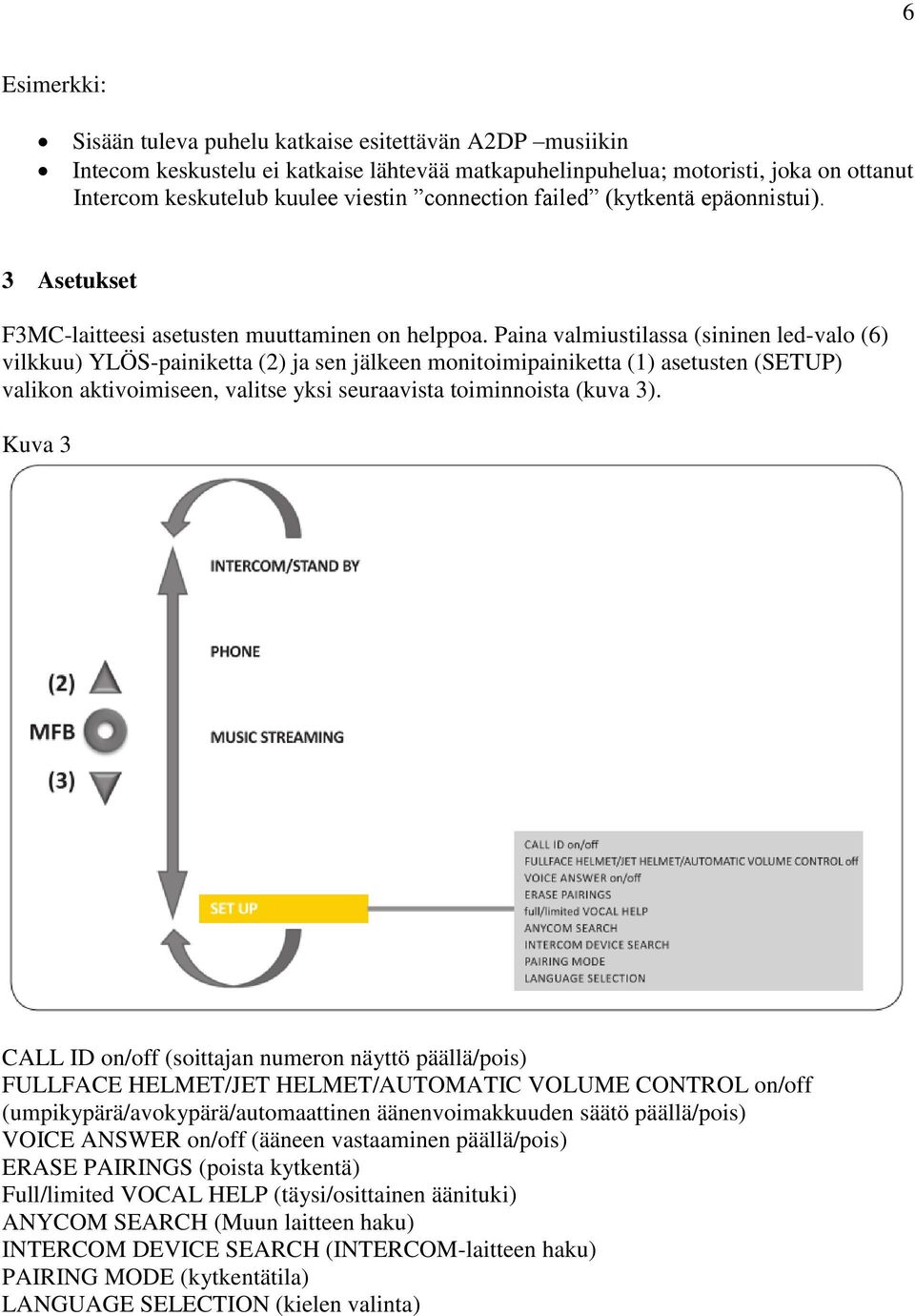 Paina valmiustilassa (sininen led-valo (6) vilkkuu) YLÖS-painiketta (2) ja sen jälkeen monitoimipainiketta (1) asetusten (SETUP) valikon aktivoimiseen, valitse yksi seuraavista toiminnoista (kuva 3).