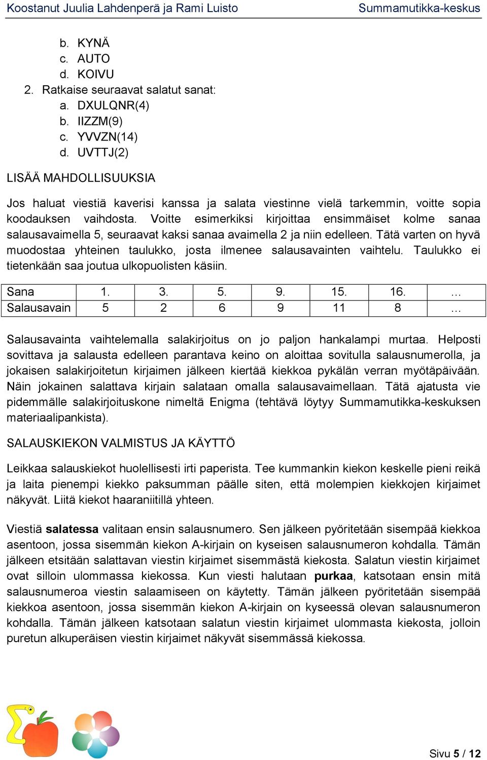 Voitte esimerkiksi kirjoittaa ensimmäiset kolme sanaa salausavaimella 5, seuraavat kaksi sanaa avaimella 2 ja niin edelleen.