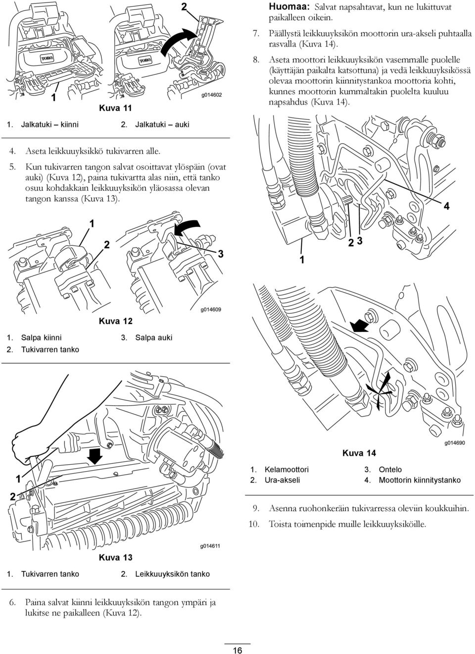 kuuluu napsahdus (Kuva 4).. Jalkatuki kiinni 2. Jalkatuki auki 4. Aseta leikkuuyksikkö tukivarren alle. 5.