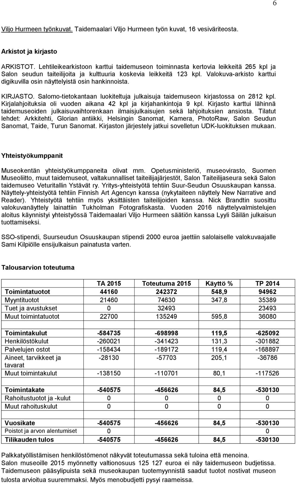 Valokuva-arkisto karttui digikuvilla osin näyttelyistä osin hankinnoista. KIRJASTO. Salomo-tietokantaan luokiteltuja julkaisuja taidemuseon kirjastossa on 2812 kpl.