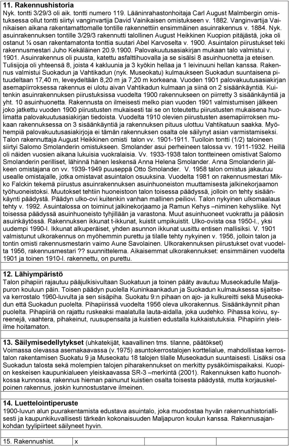 asuinrakennuksen tontille 3/29/3 rakennutti talollinen August Heikkinen Kuopion pitäjästä, joka oli ostanut ¼ osan rakentamatonta tonttia suutari Abel Karvoselta v. 1900.