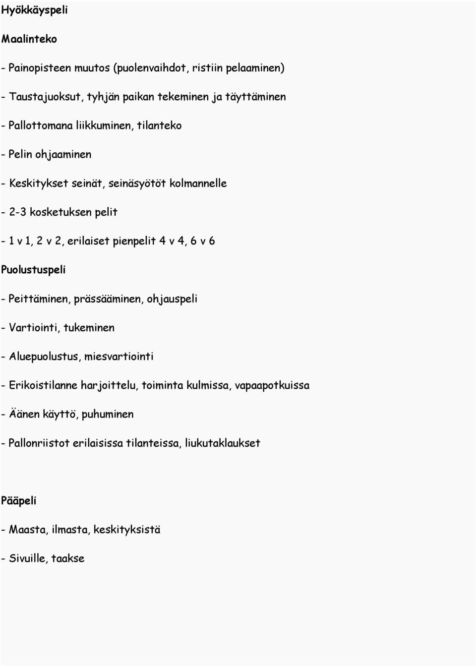 v 6 Puolustuspeli - Peittäminen, prässääminen, ohjauspeli - Vartiointi, tukeminen - Aluepuolustus, miesvartiointi - Erikoistilanne harjoittelu, toiminta