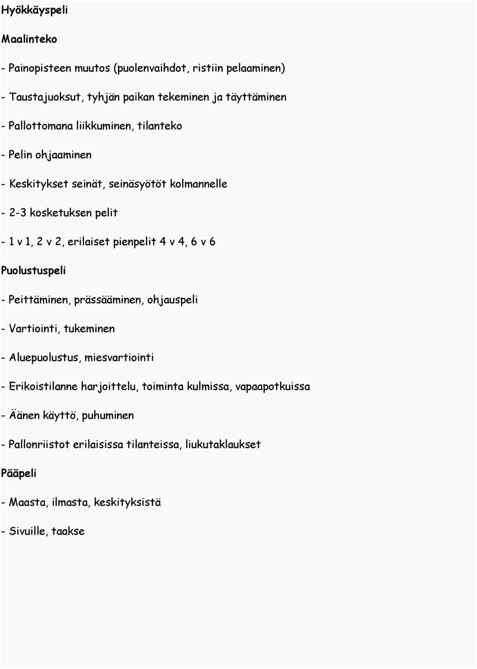 v 6 Puolustuspeli - Peittäminen, prässääminen, ohjauspeli - Vartiointi, tukeminen - Aluepuolustus, miesvartiointi - Erikoistilanne harjoittelu, toiminta