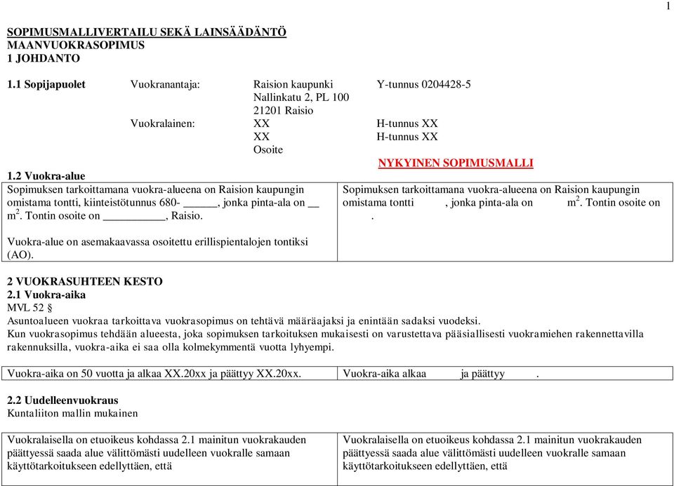 2 Vuokra-alue Sopimuksen tarkoittamana vuokra-alueena on Raision kaupungin omistama tontti, kiinteistötunnus 680-, jonka pinta-ala on m 2. Tontin osoite on, Raisio.