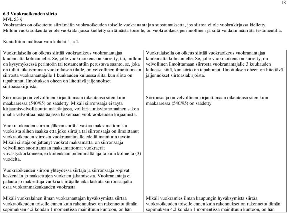 Kuntaliiton mallissa vain kohdat 1 ja 2 18 Vuokralaisella on oikeus siirtää vuokraoikeus vuokranantajaa kuulematta kolmannelle.