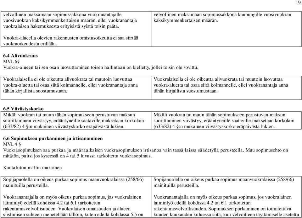 4 Alivuokraus MVL 6 Vuokra-alueen tai sen osan luovuttaminen toisen hallintaan on kielletty, jollei toisin ole sovittu.