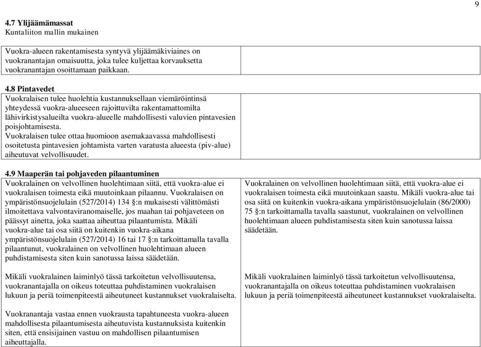 8 Pintavedet Vuokralaisen tulee huolehtia kustannuksellaan viemäröintinsä yhteydessä vuokra-alueeseen rajoittuvilta rakentamattomilta lähivirkistysalueilta vuokra-alueelle mahdollisesti valuvien