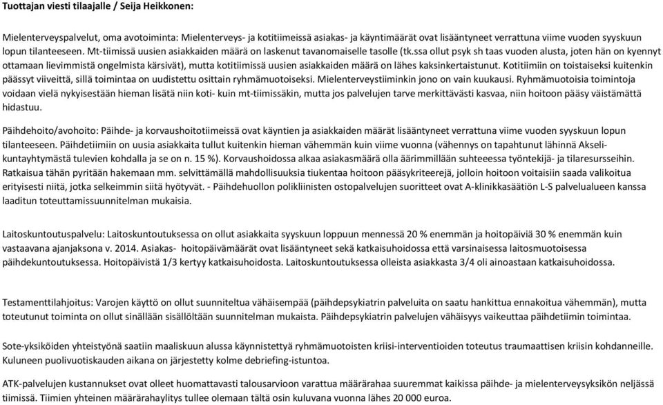 ssa ollut psyk sh taas vuoden alusta, joten hän on kyennyt ottamaan lievimmistä ongelmista kärsivät), mutta kotitiimissä uusien asiakkaiden määrä on lähes kaksinkertaistunut.