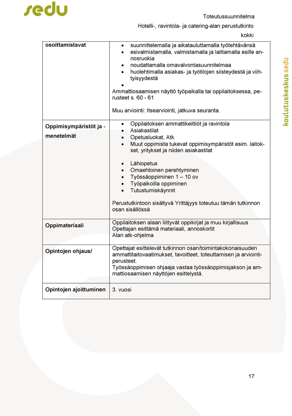 Oppimisympäristöt ja - menetelmät Oppilaitoksen ammattikeittiöt ja ravintola Asiakastilat Opetusluokat, Atk Muut oppimista tukevat oppimisympäristöt esim.