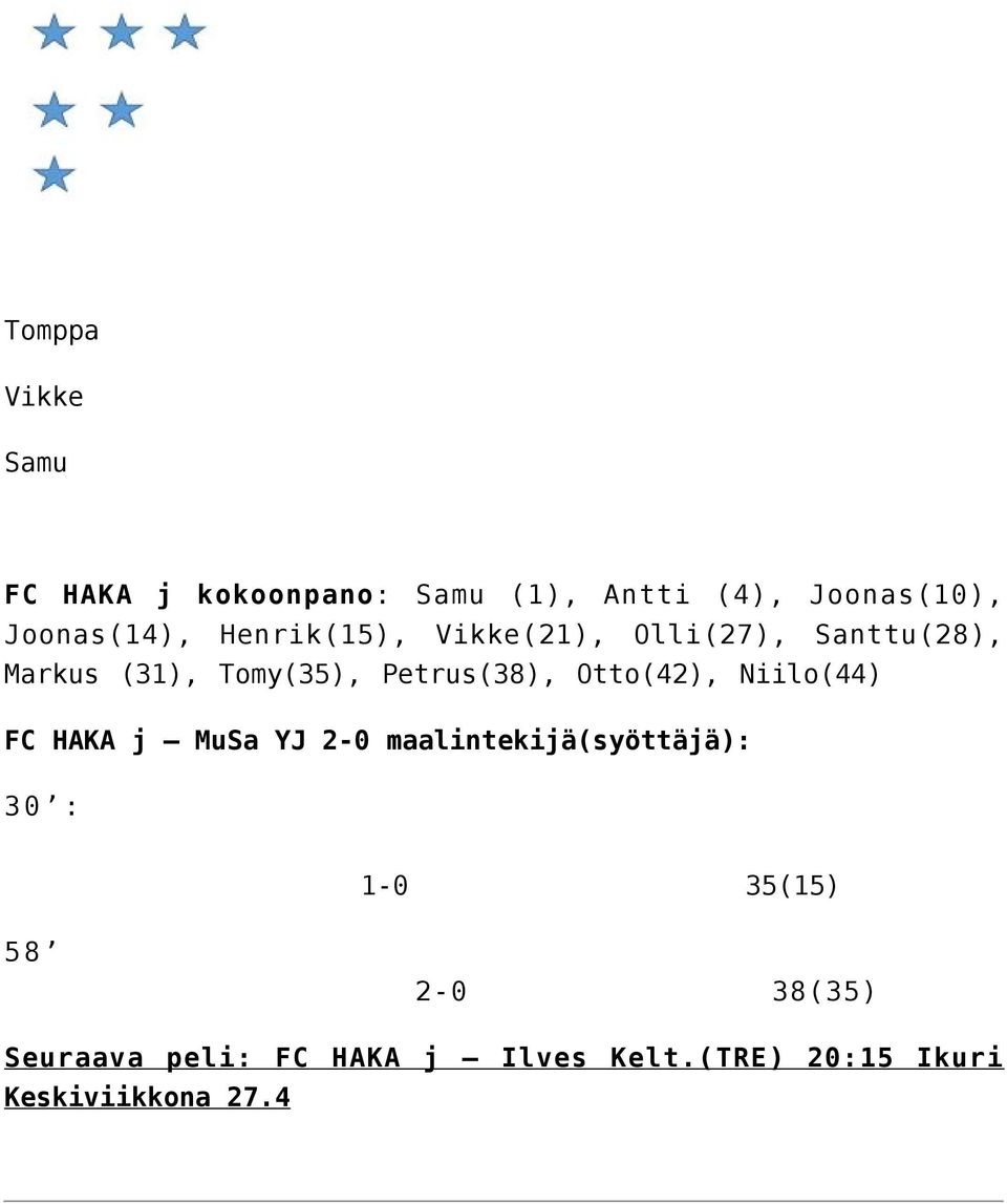 Petrus(38), Otto(42), Niilo(44) FC HAKA j MuSa YJ 2-0 maalintekijä(syöttäjä): 30 :