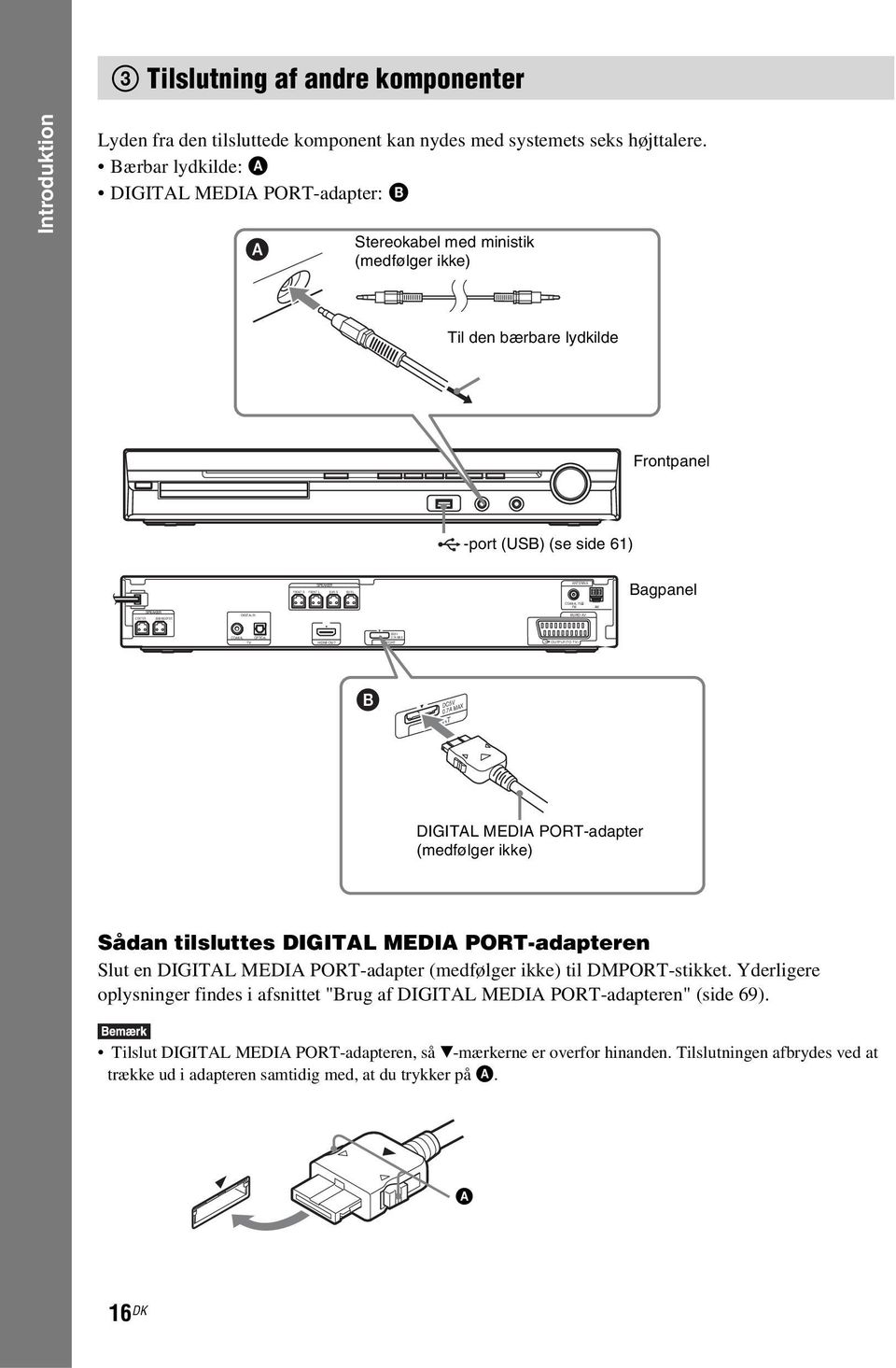 Bærbar lydkilde: A DIGITAL MEDIA PORT-adapter: B Stereokabel med ministik (medfølger ikke) Til den bærbare lydkilde Frontpanel -port (USB) (se side 61) ANTENNA Bagpanel EURO AV TV HDMI OUT DMPORT