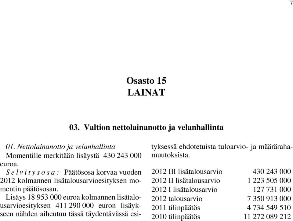 Lisäys 18 953 000 euroa kolmannen lisätalousarvioesityksen 411 290 000 euron lisäykseen nähden aiheutuu tässä täydentävässä esityksessä ehdotetuista