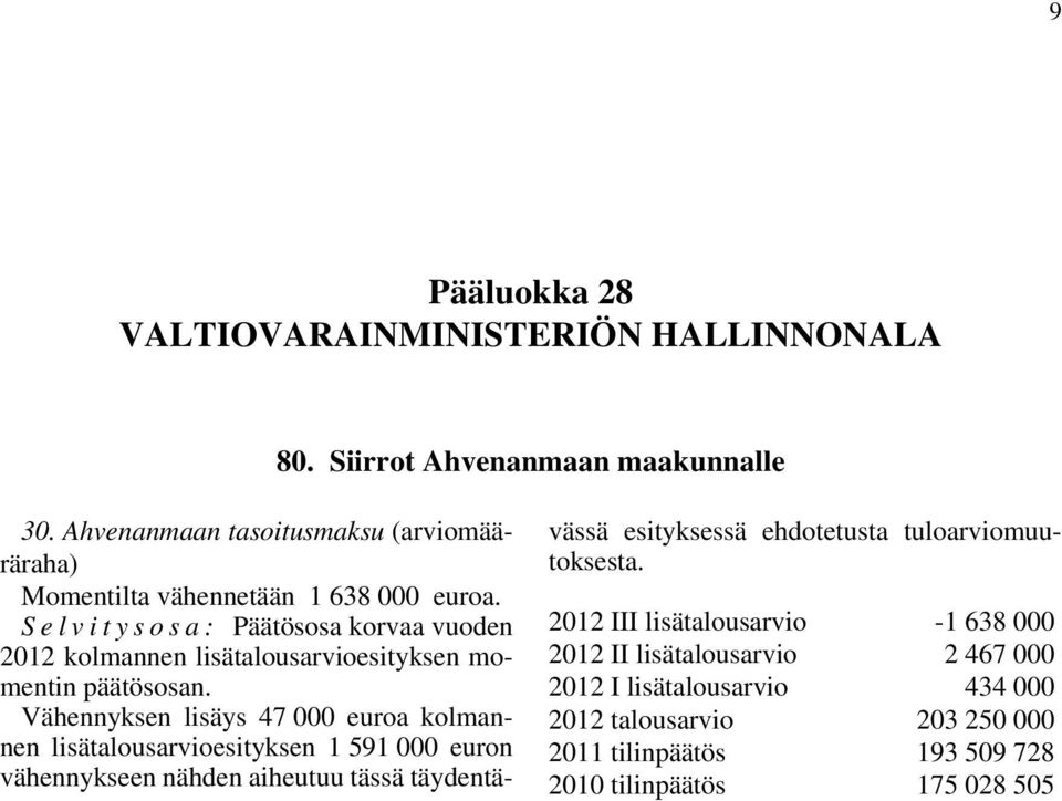 Selvitysosa: Päätösosa korvaa vuoden 2012 kolmannen lisätalousarvioesityksen momentin päätösosan.