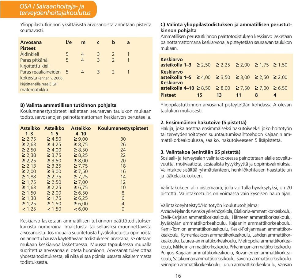 2006 kirjoittaneilla reaali) tai matematiikka B) Valinta ammatillisen tutkinnon pohjalta Koulumenestyspisteet lasketaan seuraavan taulukon mukaan todistusarvosanojen painottamattoman keskiarvon