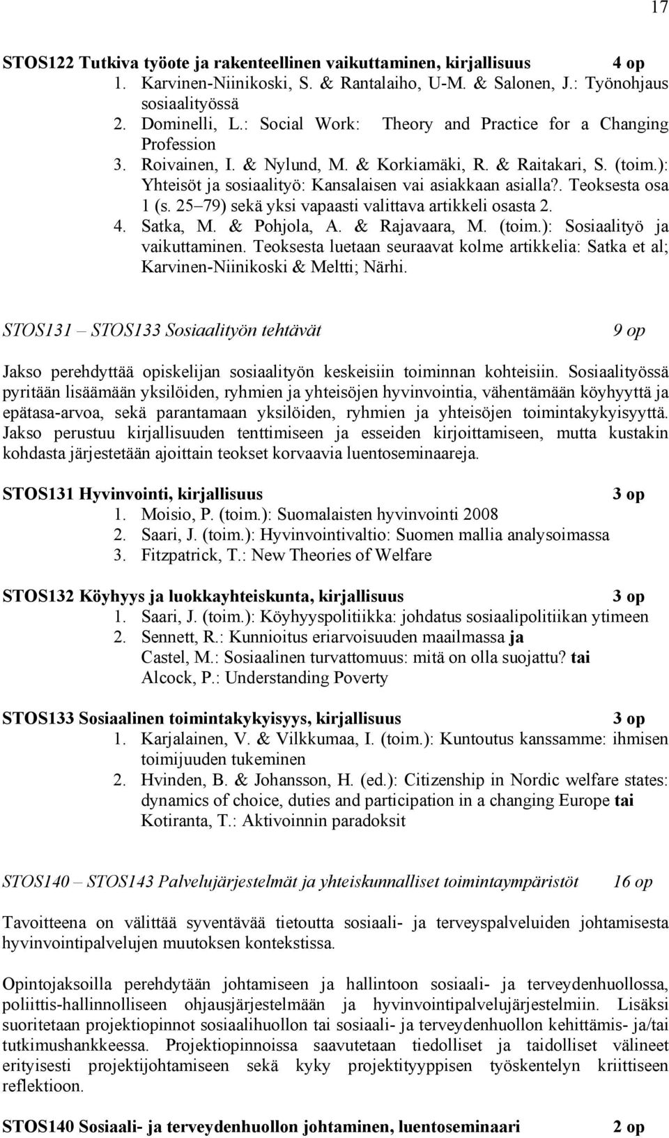 . Teoksesta osa 1 (s. 25 79) sekä yksi vapaasti valittava artikkeli osasta 2. 4. Satka, M. & Pohjola, A. & Rajavaara, M. (toim.): Sosiaalityö ja vaikuttaminen.