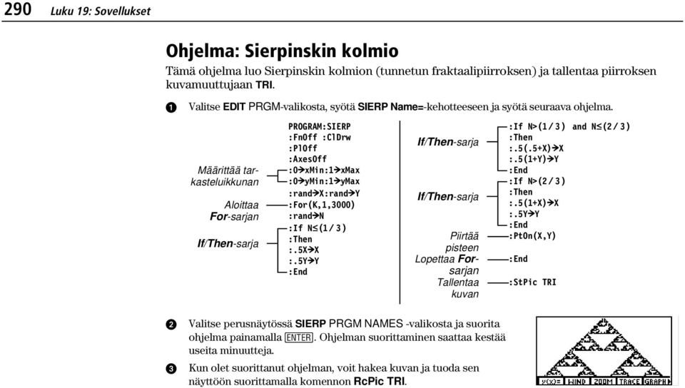 Määrittää tarkasteluikkunan Aloittaa For-sarjan If/Then-sarja PROGRAM:SIERP :FnOff :ClDrw :PlOff :AxesOff :0 xmin:1 xmax :0 ymin:1 ymax :rand X:rand Y :For(K,1,3000) :rand N :If N (1 à 3) :Then :.