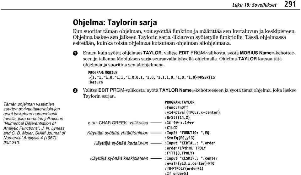 Tämän ohjelman vaatimien suurten derivaattakertalukujen arvot lasketaan numeerisesti tavalla, joka perustuu julkaisuun Numerical Differentiation of Analytic Functions, J. N. Lyness and C. B.