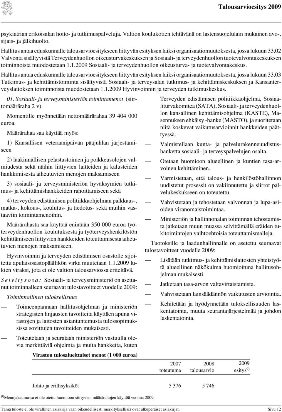 02 Valvonta sisältyvistä Terveydenhuollon oikeusturvakeskuksen ja Sosiaali- ja terveydenhuollon tuotevalvontakeskuksen toiminnoista muodostetaan 1.