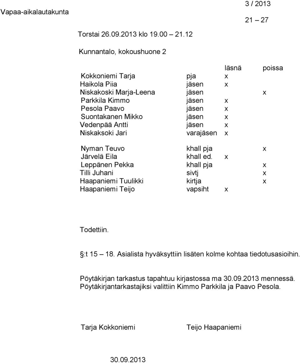 jäsen x Vedenpää Antti jäsen x Niskaksoki Jari varajäsen x Nyman Teuvo khall pja x Järvelä Eila khall ed.